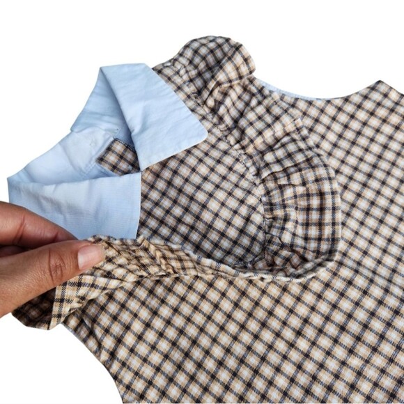 Janie And Jack Girls Tan Houndstooth Jumpsuit Ruffle Crisp White Collar Size 5 - Picture 3 of 14